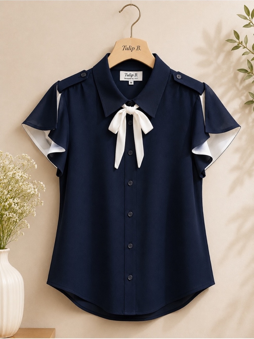 NWT Tulip B Vintage Navy White Button-Front Flutter Sleeve Neck Tie Blouse - Picture 2 of 11
